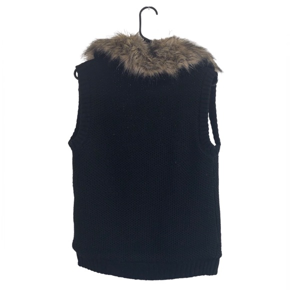 Pink Rose Women's  black and Brown Sweater Vest, Sherpa lined, Faux Fur Collar - Picture 2 of 6